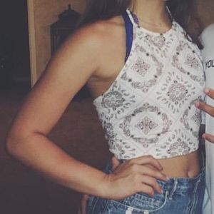 High neck bandanna patterned crop top